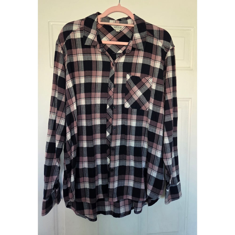 Orvis Women XXL Pink Navy Plaid Flannel Button Down Shirt Long Sleeve Classic